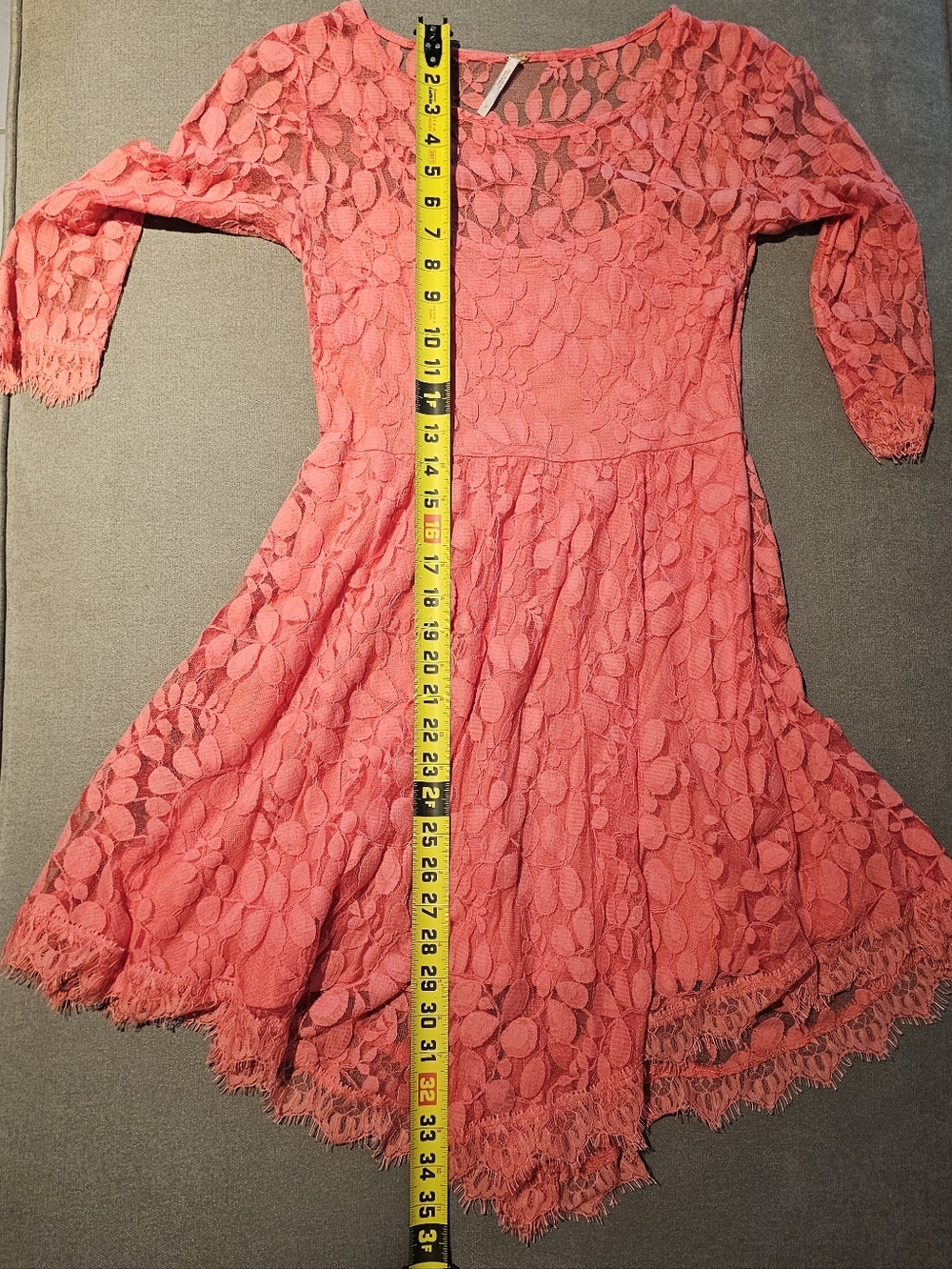 Free People Pink On Pink Mini Floral Mesh Lace Dress 3/4 Sleeve Size 2 Fairycore - Picture 9 of 12